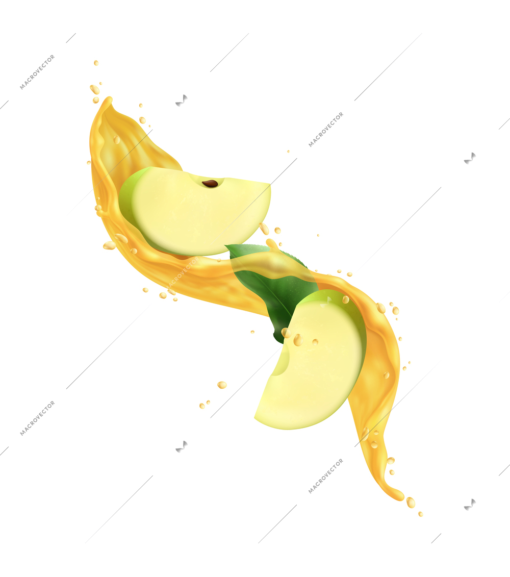 Slices of fresh green apple in juice splashes realistic vector illustration
