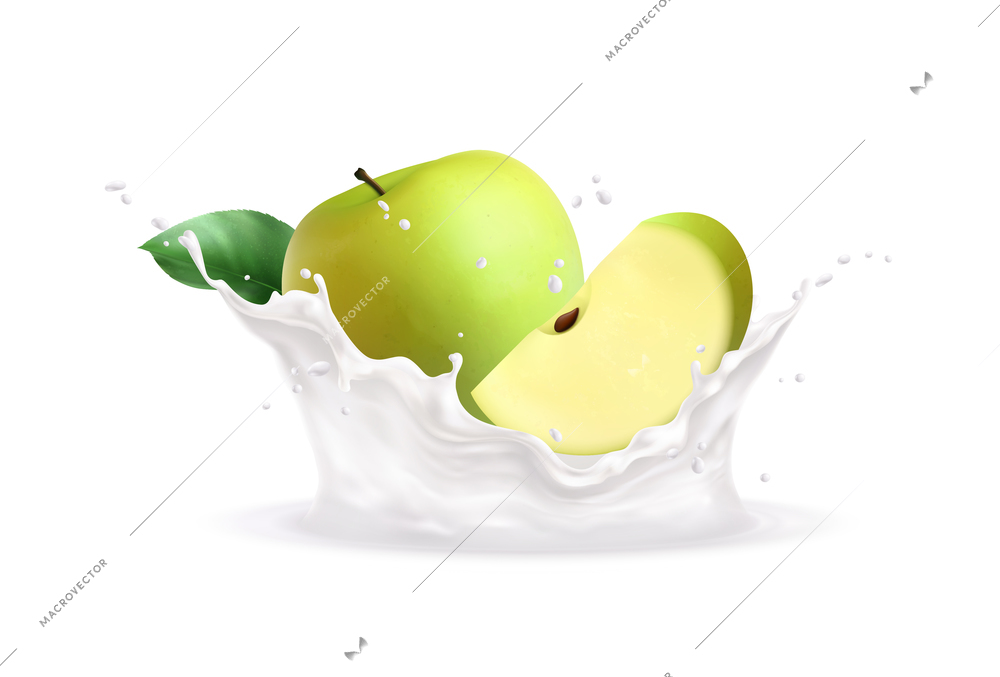 Fresh green apples in milk splashes realistic vector illustration