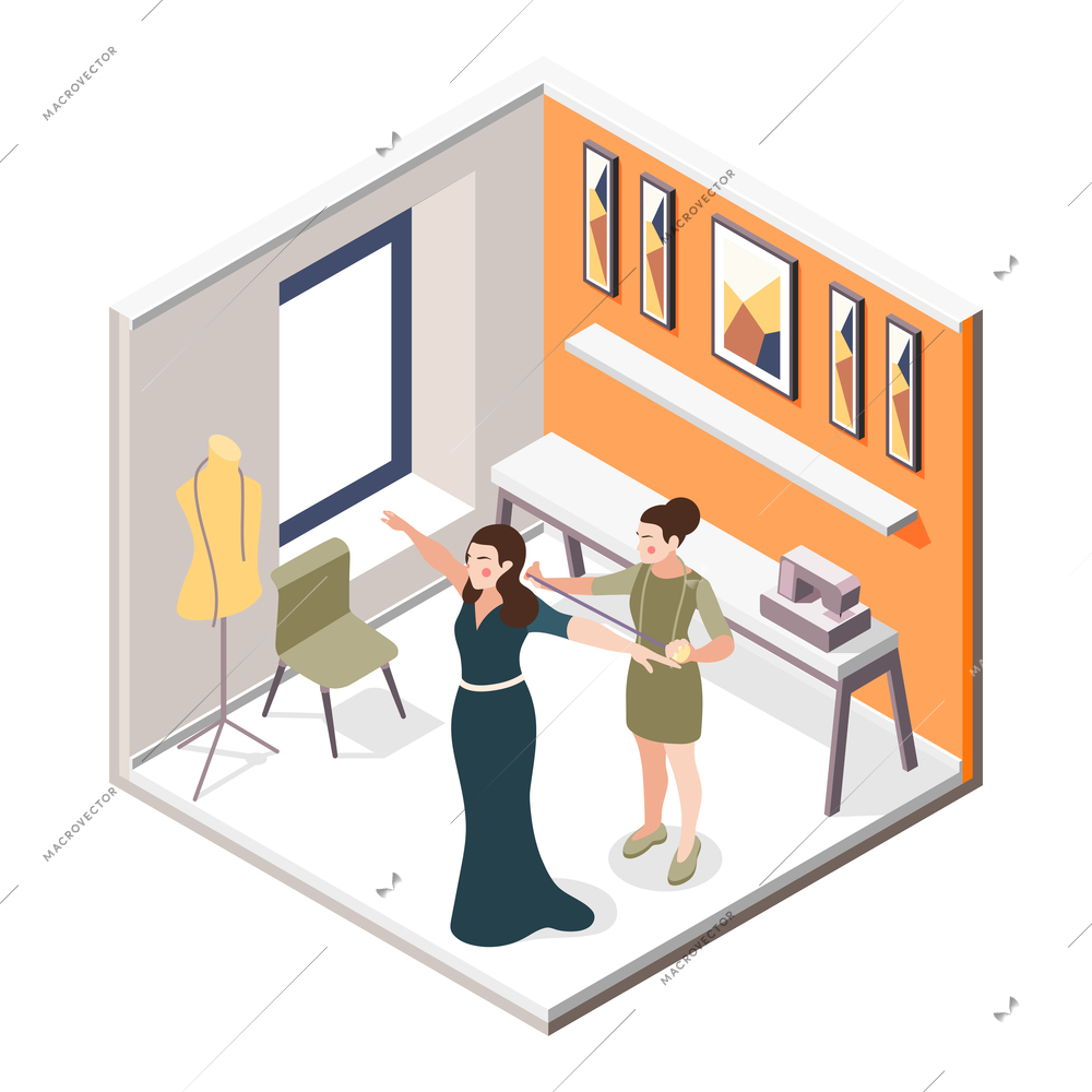 Fashion atelier isometric composition with woman wearing evening gown and tailor taking measurements vector illustration