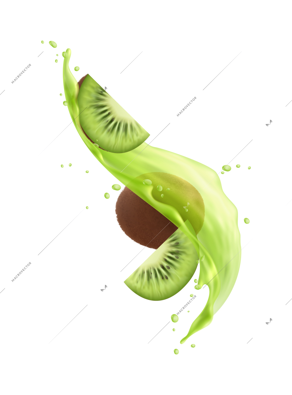 Realistic kiwi juice splashes with whole and sliced fruit vector illustration