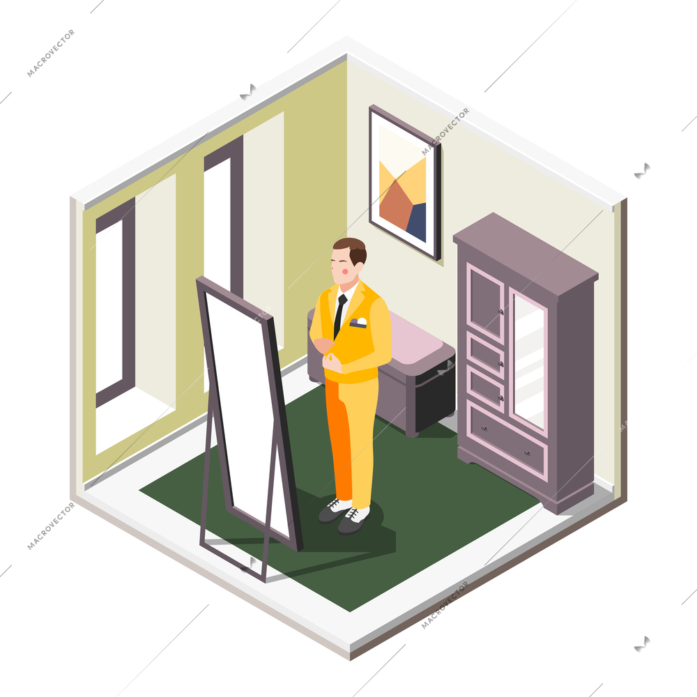 Isometric composition with man trying on yellow wedding suit in tailor shop 3d vector illustration