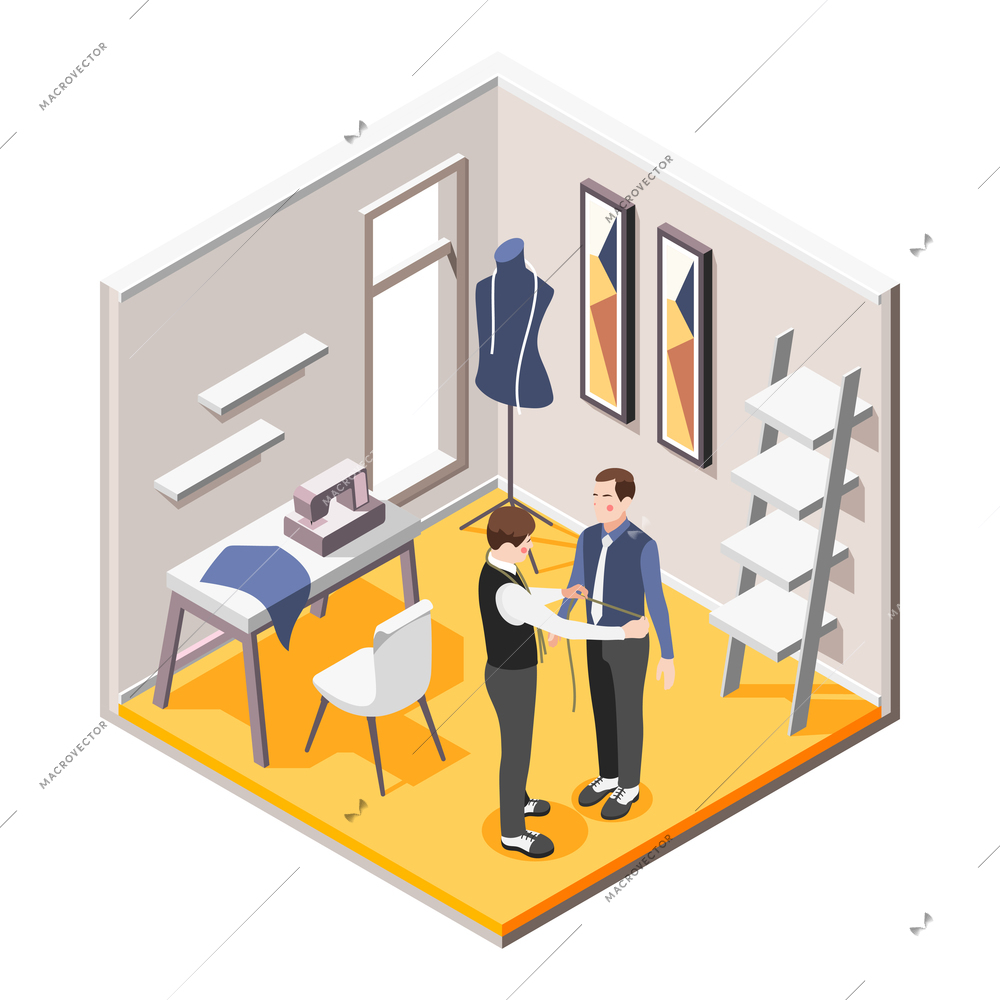 Tailor shop interior isometric composition with sartor taking measurements 3d vector illustration