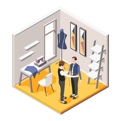 Tailor shop interior isometric composition with sartor taking measurements 3d vector illustration