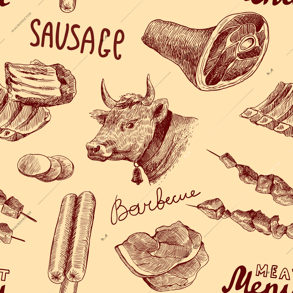 Meat food decorative seamless pattern with barbecue sausage salami vector illustration