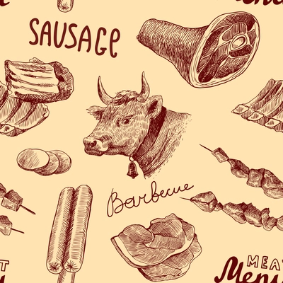 Meat food decorative seamless pattern with barbecue sausage salami vector illustration