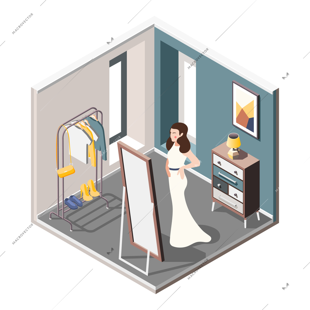 Woman trying on white wedding dress in tailor shop isometric composition 3d vector illustration