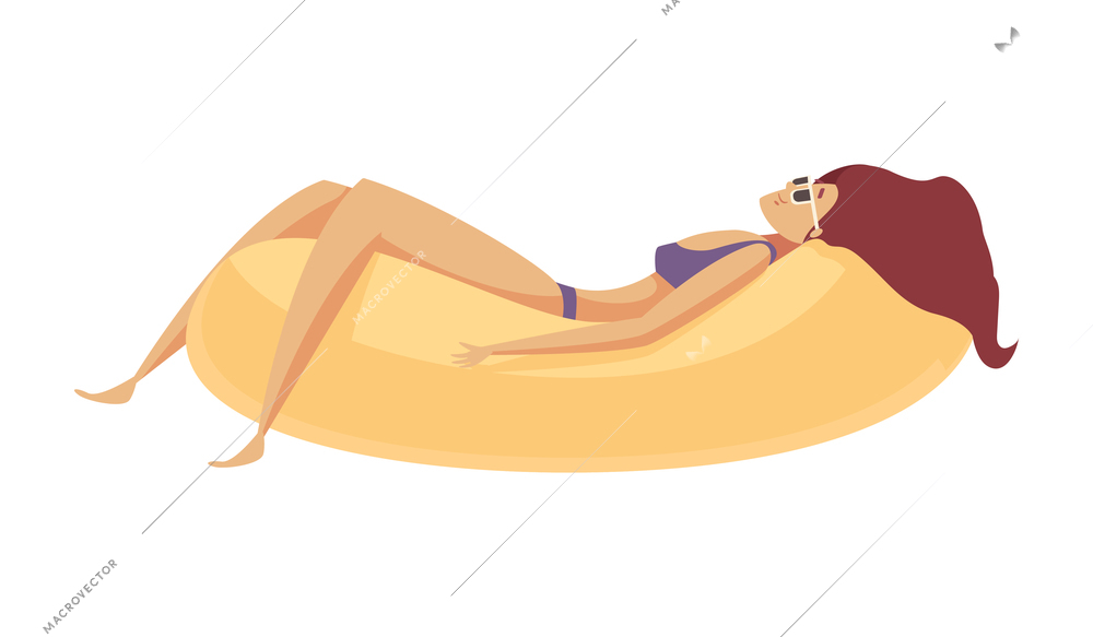 Woman in swimsuit relaxing on yellow air bed in swimming pool or sea cartoon vector illustration