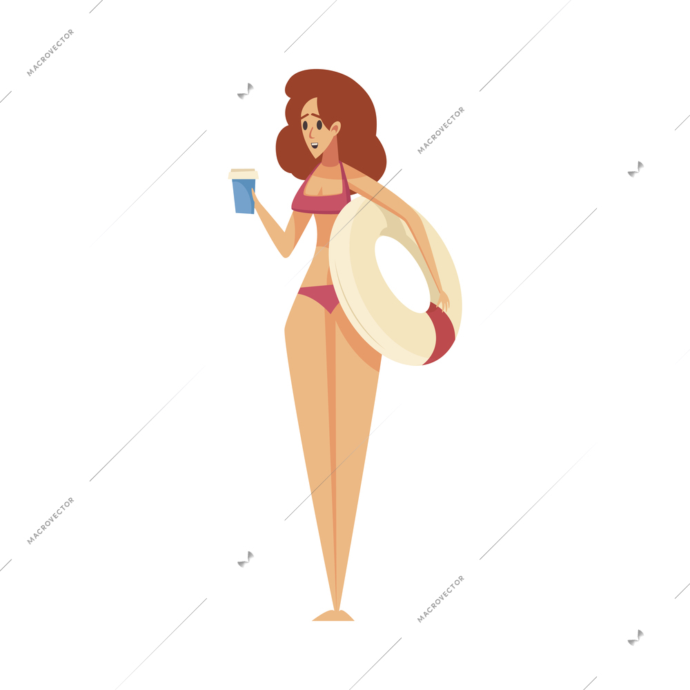 Cartoon woman wearing swimsuit holding flotation ring and plastic cup with drink on beach vector illustration