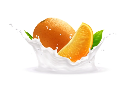 Whole orange and slice in milk or yogurt splashes realistic vector illustration