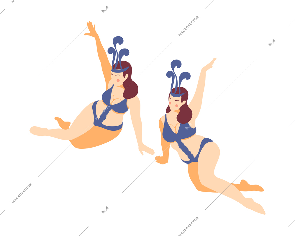 Two plus size women in blue lingerie performing on stage isometric isolated vector illustration