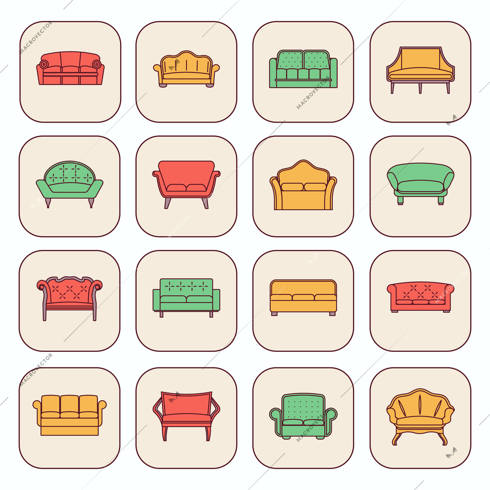 Sofa comfortable couches modern and vintage furniture icons set isolated vector illustration