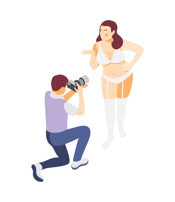 Isometric icon with photographer taking photo of confident beautiful plus size woman in white lingerie vector illustration