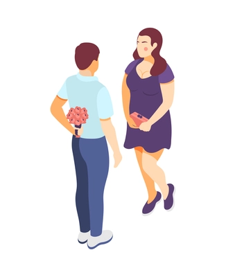 Isometric icon with man going to give bunch of flowers to elegant plus size woman vector illustration