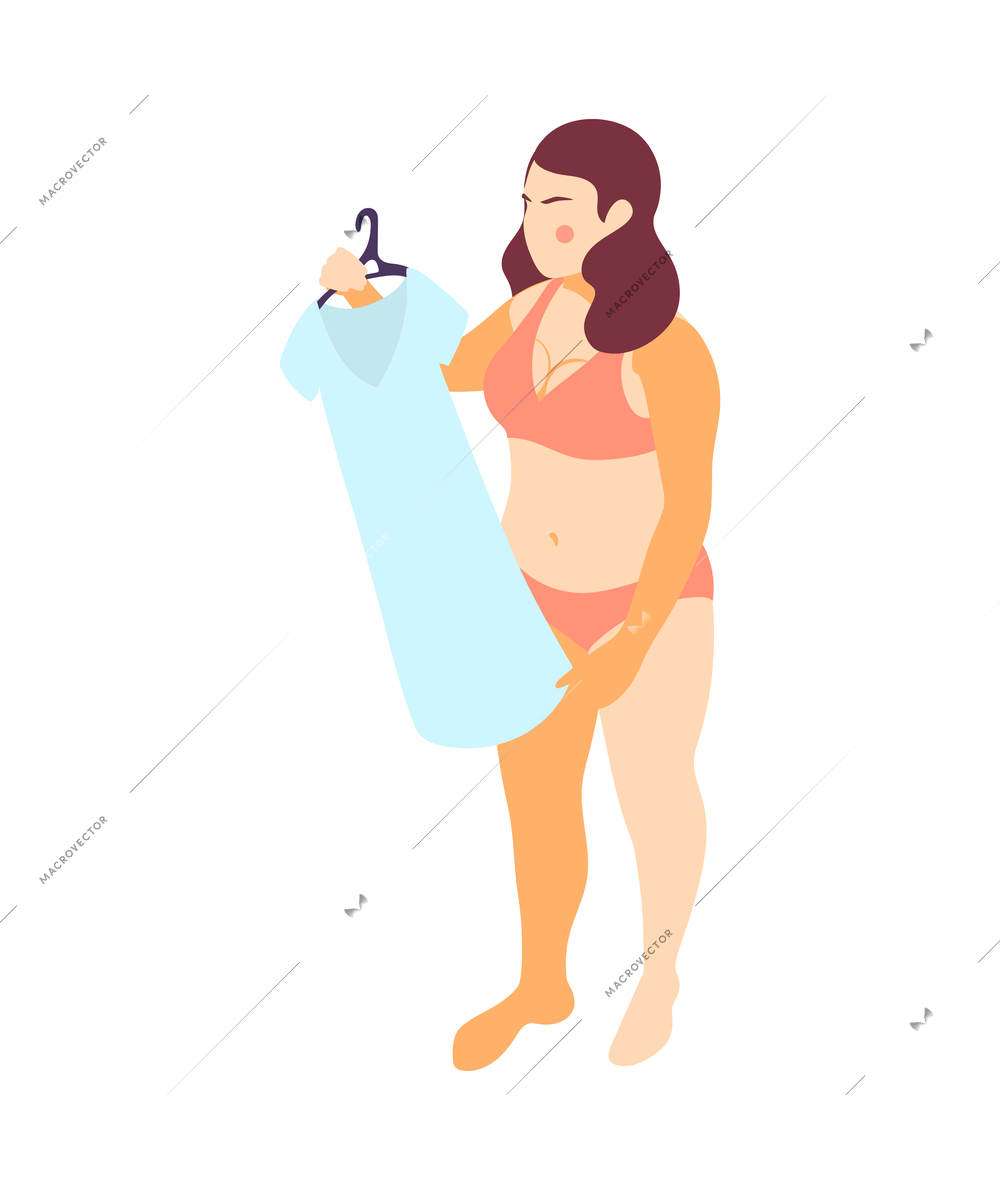 Isometric icon with plus size woman trying on dress 3d vector illustration