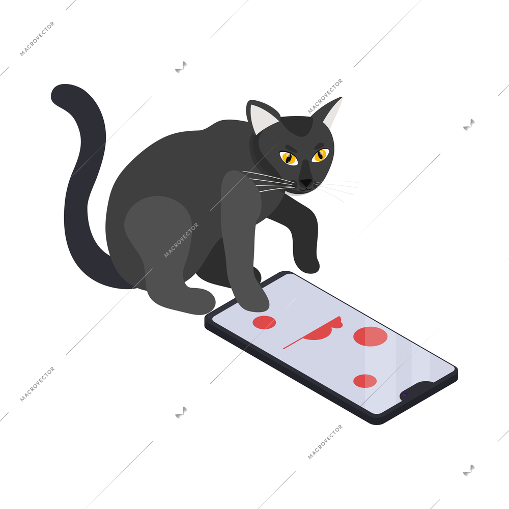 Funny black cat playing game on smartphone isometric vector illustration