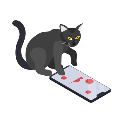 Funny black cat playing game on smartphone isometric vector illustration