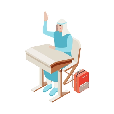 Saudi arabian student raising hand sitting at desk in classroom with backpack isometric icon vector illustration