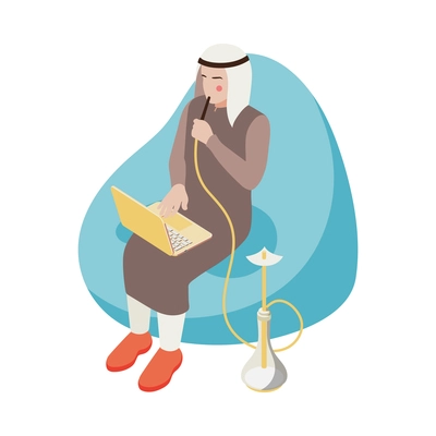 Modern saudi arab working on laptop while smoking hookah in armchair 3d isometric vector illustration
