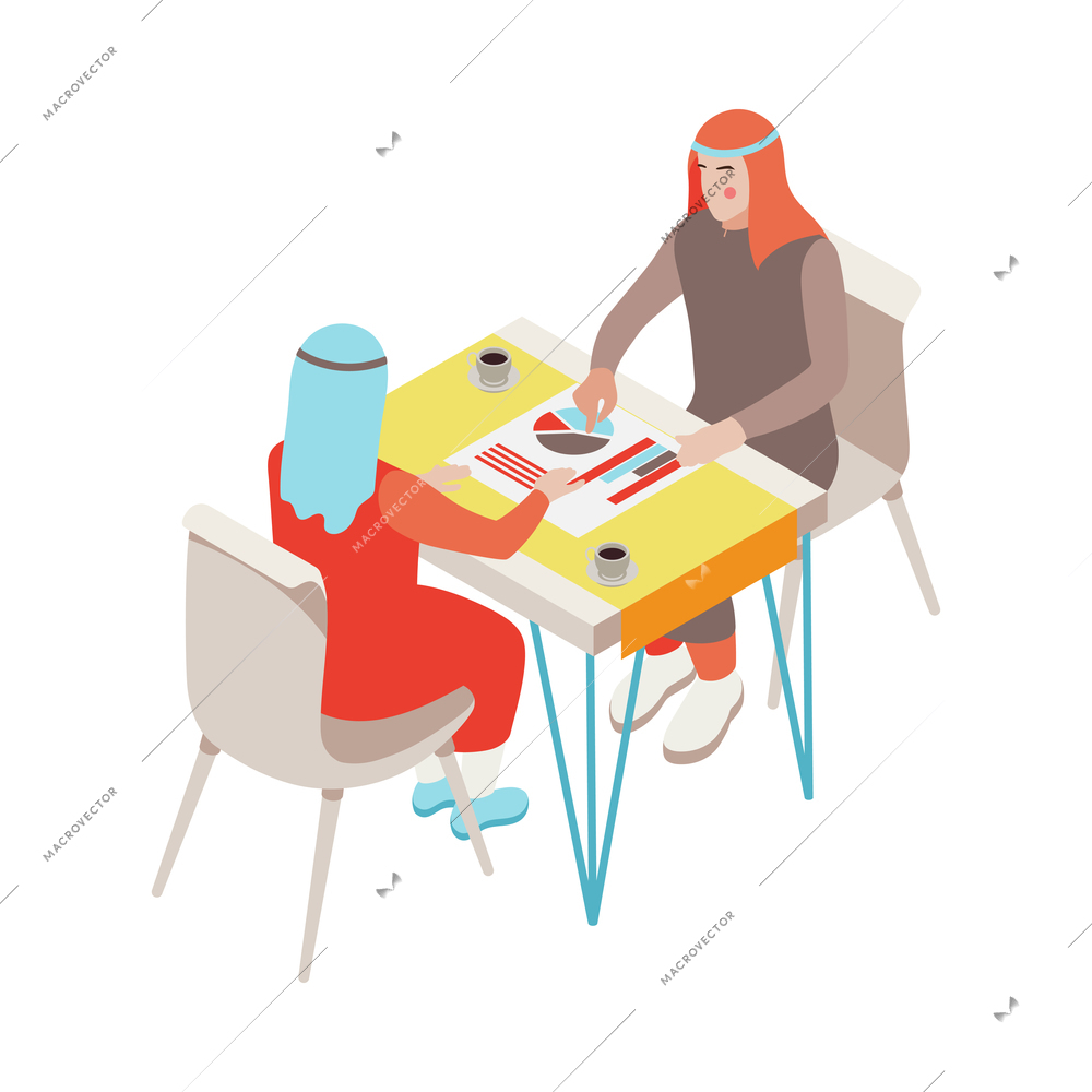 Two saudi arabian businessmen sitting at table and discussing financial charts isometric icon vector illustration