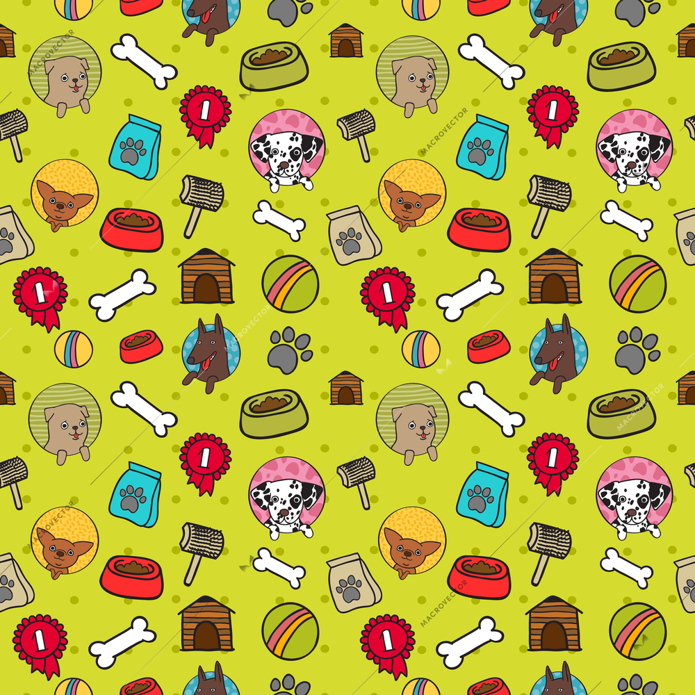 Seamless dogs pattern with bones food and puppies vector illustration