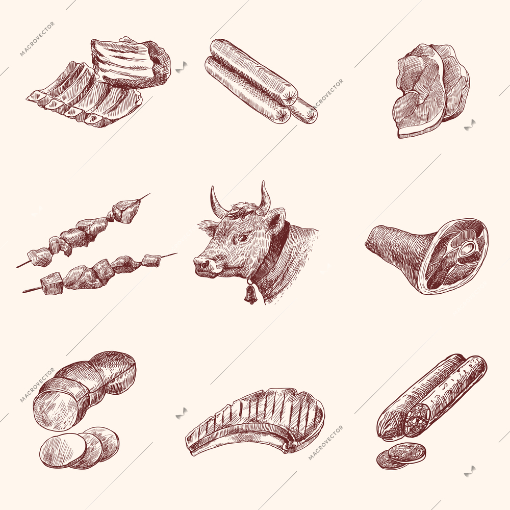 Meat food decorative icons set of cow ham fillet sketch isolated vector illustration