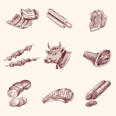 Meat food decorative icons set of cow ham fillet sketch isolated vector illustration