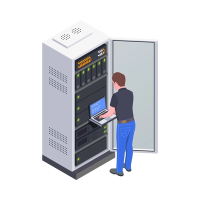 System administrator working in data center isometric icon 3d vector illustration