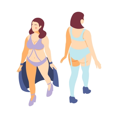 Two plus size women wearing lingerie on runway at fashion show isometric isolated vector illustration