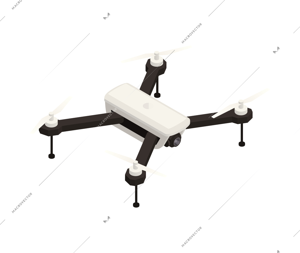 Isometric black and white drone with surveillance camera 3d vector illustration
