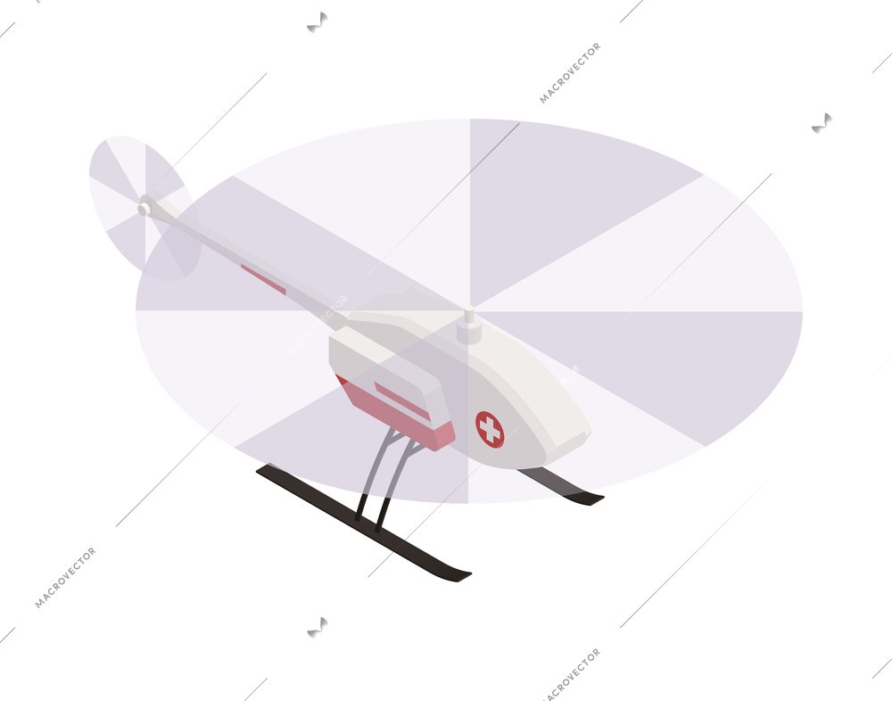 Isometric icon with flying medical emergency helicopter drone on white background 3d vector illustration