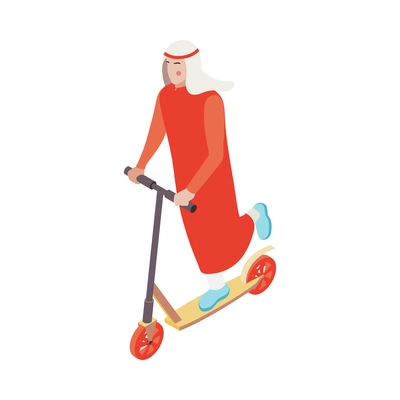 Isometric icon with character of modern saudi arab riding scooter 3d vector illustration