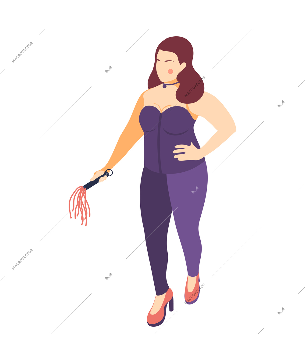 Isometric icon with curvy sexy plus size woman holding leather whip for bdsm game vector illustration