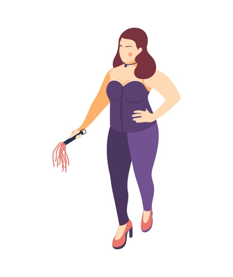 Isometric icon with curvy sexy plus size woman holding leather whip for bdsm game vector illustration