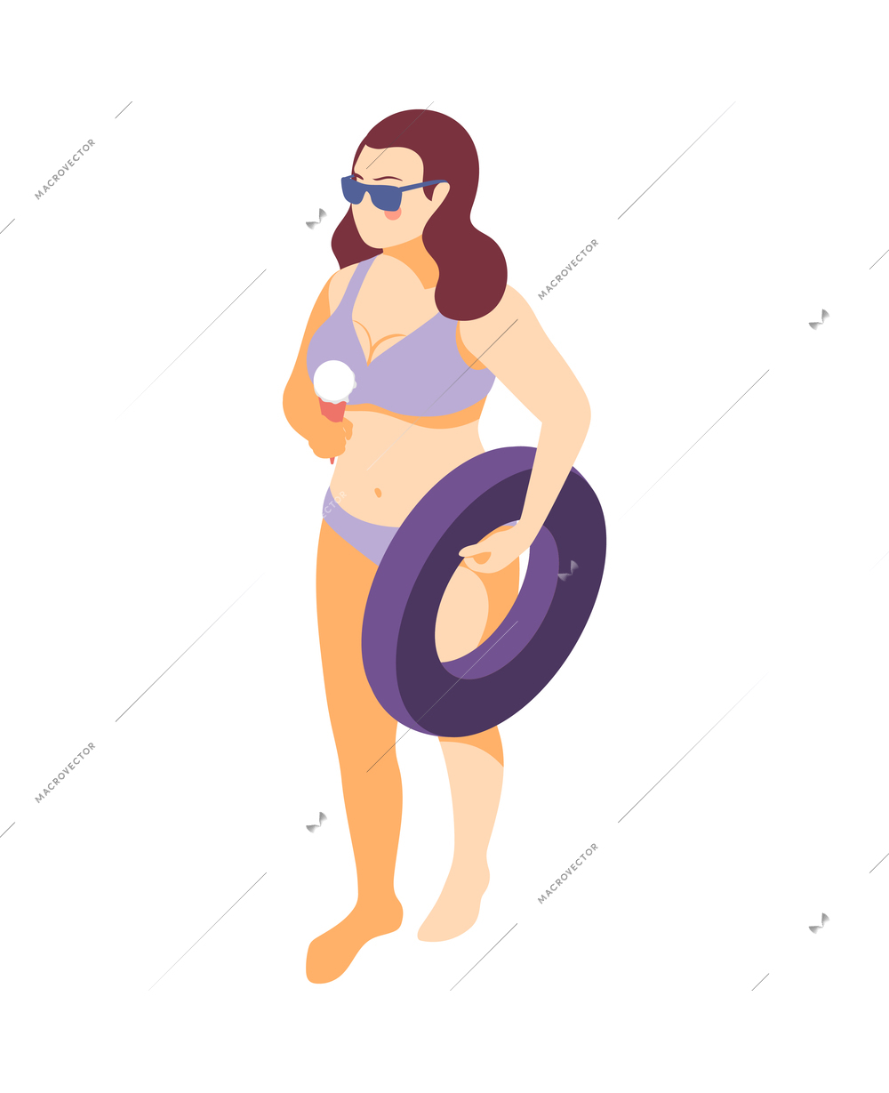 Isometric icon with plus size woman in swimsuit on beach eating ice cream 3d vector illustration