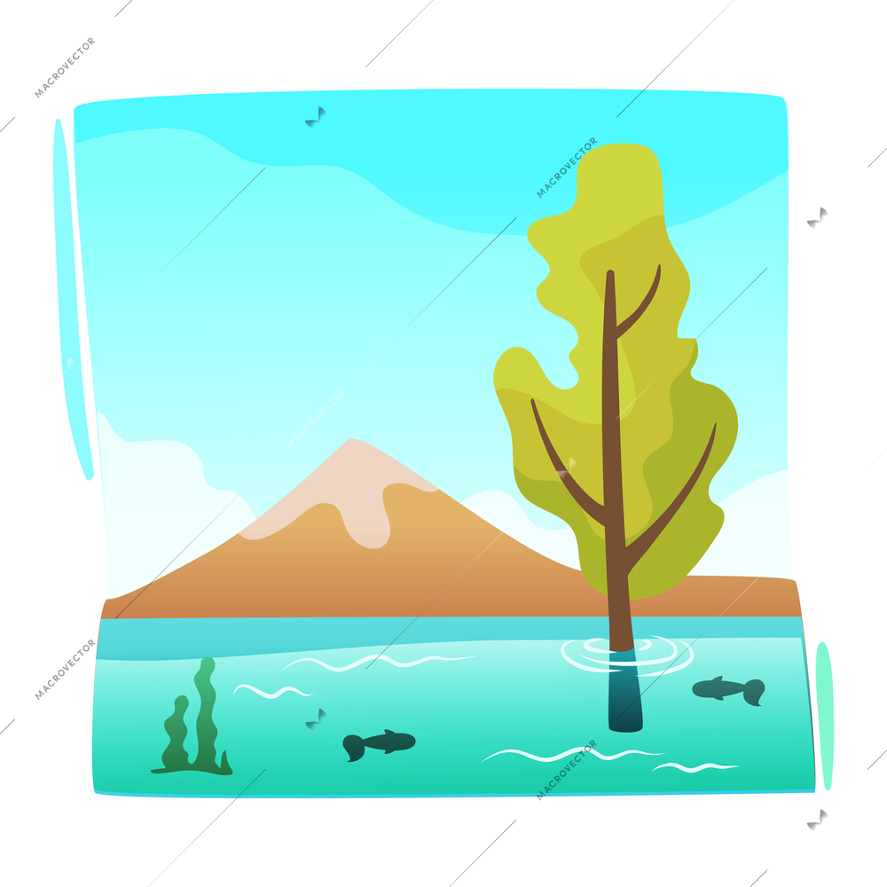 Natural disaster flood flat composition with flooded wild area vector illustration