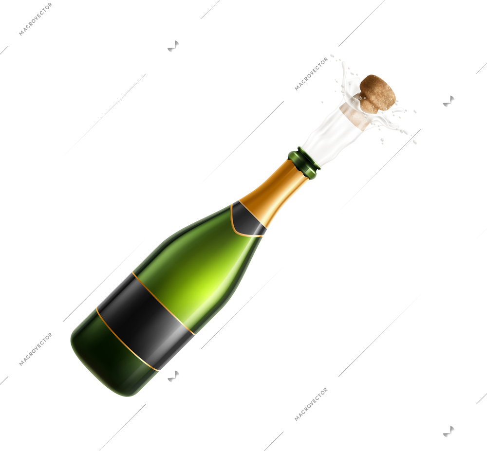 Realistic champagne bottle with cork popping out vector illustration