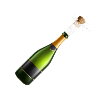 Realistic champagne bottle with cork popping out vector illustration