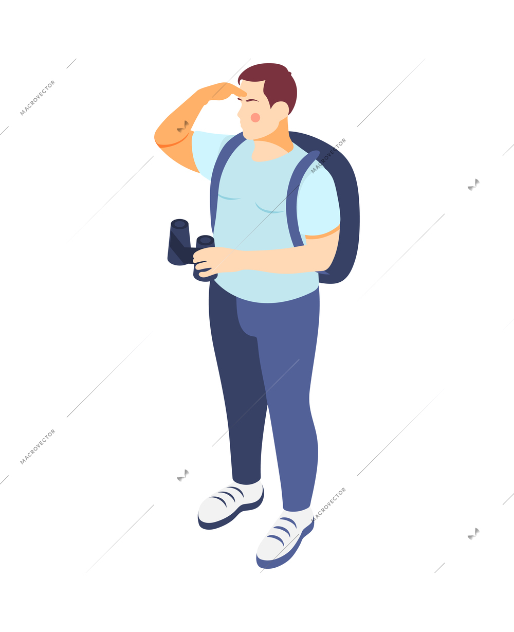 Overweight man travelling with backpack and binoculars isometric icon vector illustration