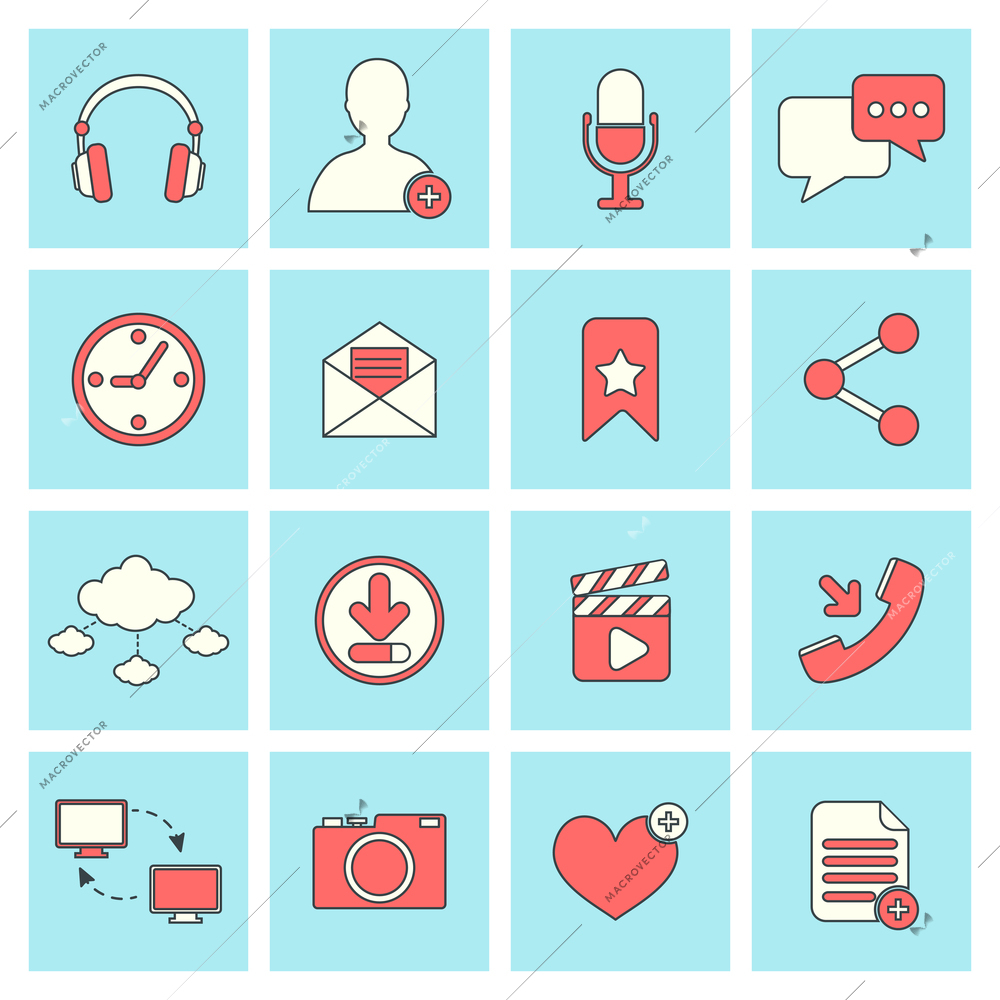 Social network icons flat line set with website elements isolated vector illustration