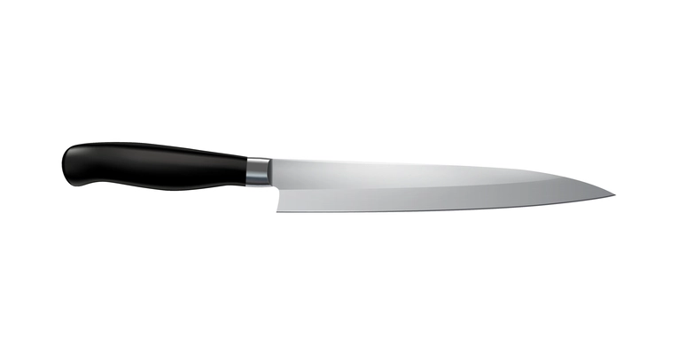 Stainless steel chef knife with black handle realistic vector illustration