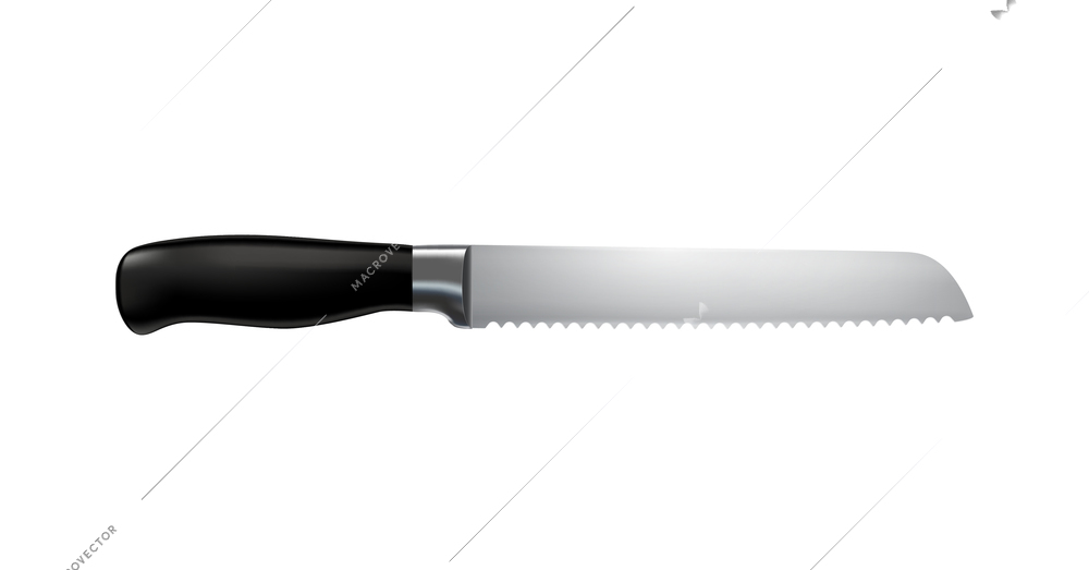 Realistic serrated bread knife with black handle vector illustration