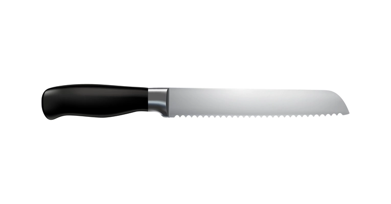 Realistic serrated bread knife with black handle vector illustration