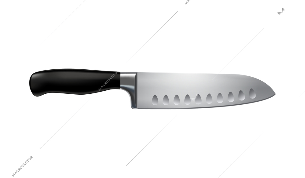 Stainless steel japanese santoku knife with black handle realistic vector illustration