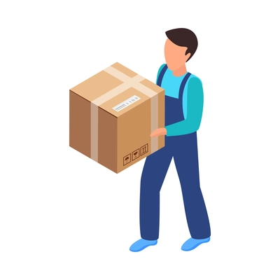 Relocation service isometric icon with worker in uniform carrying cardboard box 3d vector illustration