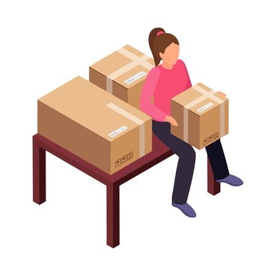 Woman with cardboard boxes preparing for relocation isometric icon 3d vector illustration