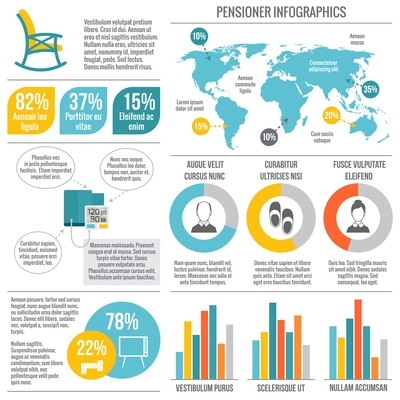 Pensioners life elderly care infographic set with charts and world map vector illustration