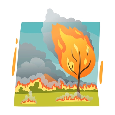 Forest fire natural disaster flat composition with burning trees and grass vector illustration