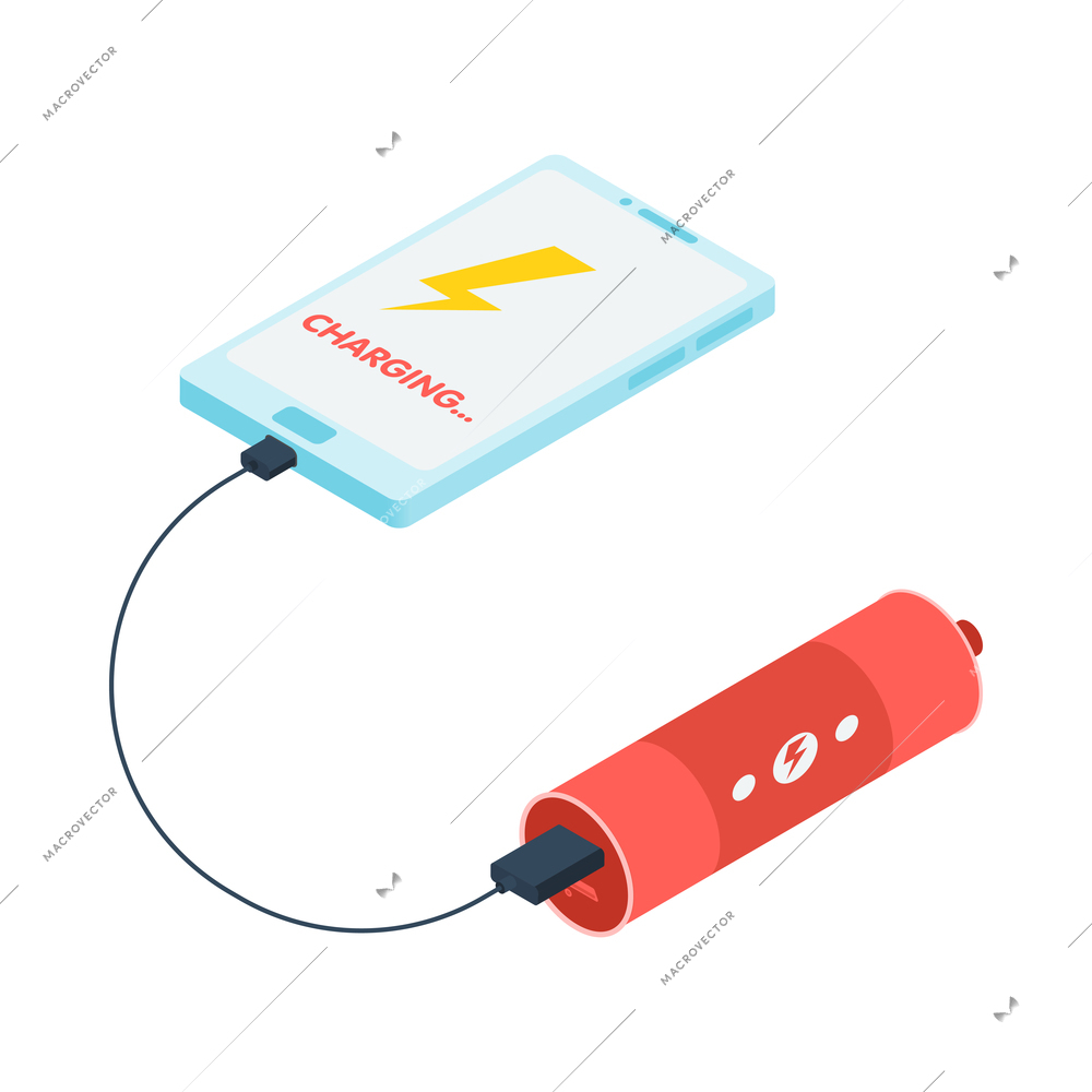 Isometric charger icon with smartphone charging through usb cable 3d vector illustration