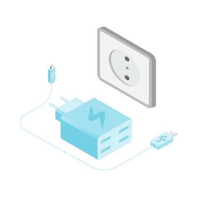 Isometric usb charger and power socket on white background 3d isolated vector illustration