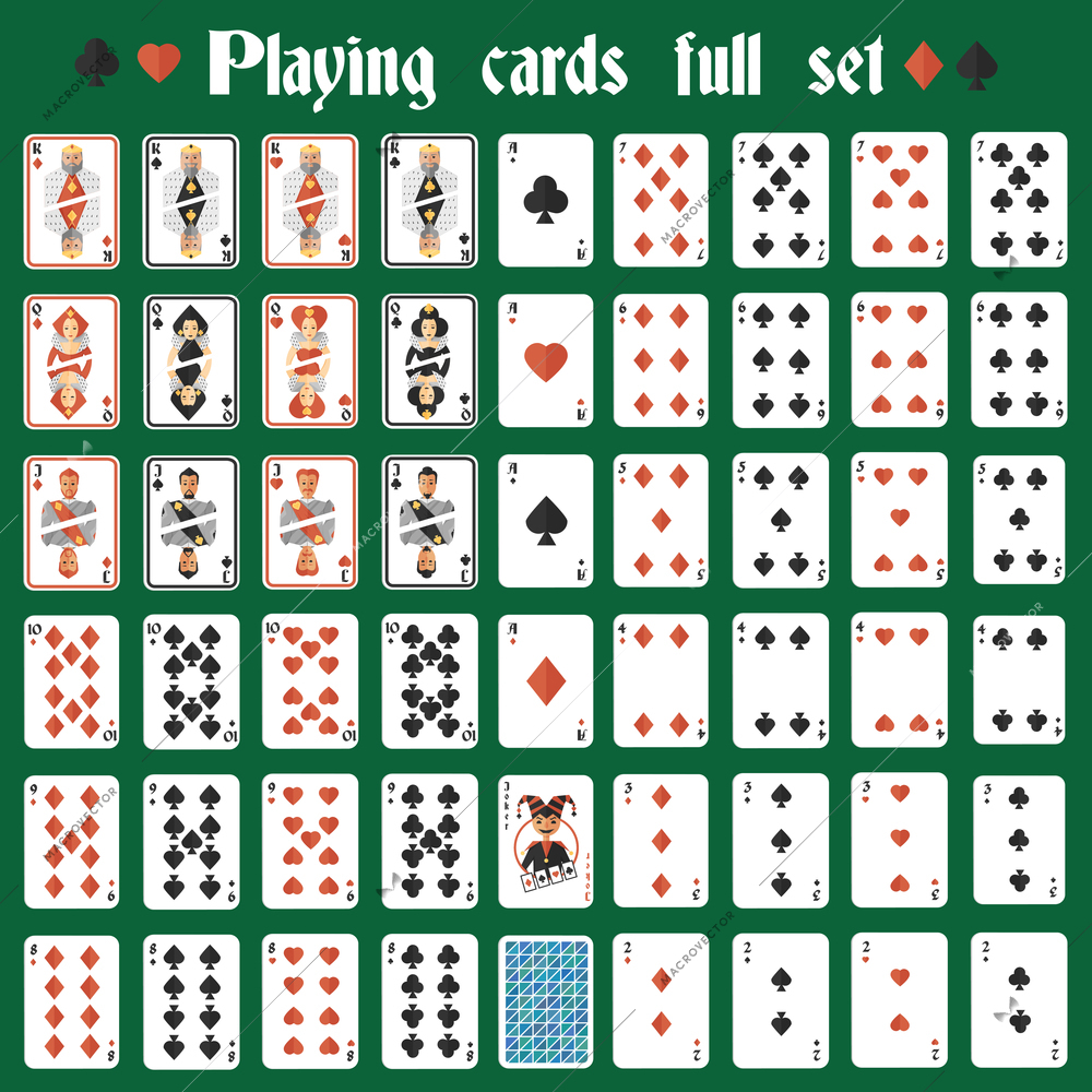 Casino poker hazard playing cards full set isolated vector illustration